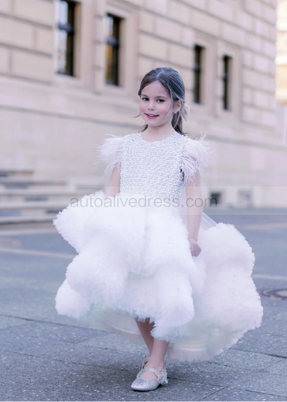 White Pearl Ruffles Tulle Luxury Flower Girl Dress